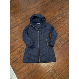 Athleta Women's Navy Down Filled Mid Length Puffer Jacket removable hood Size S